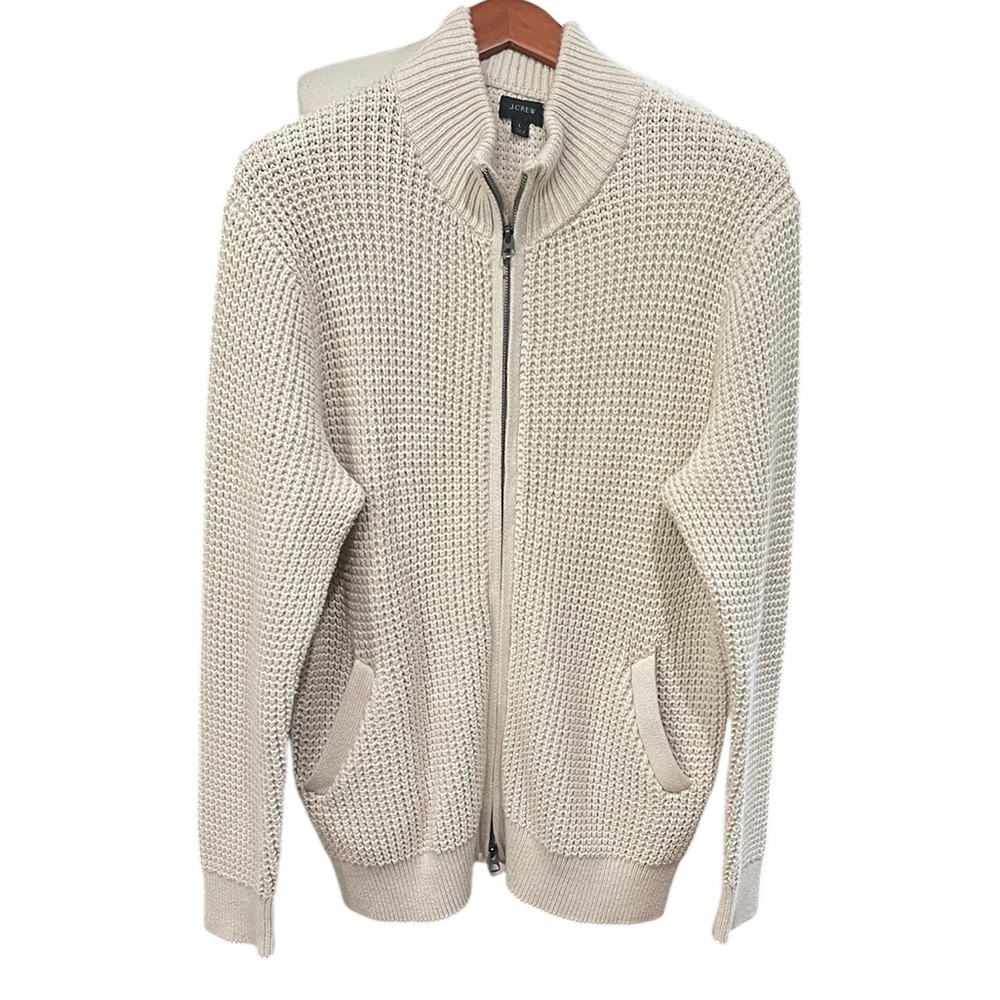 J. Crew Men’s Full Zip‎ Cardigan Sweater Waffle Knit SZ L Cream